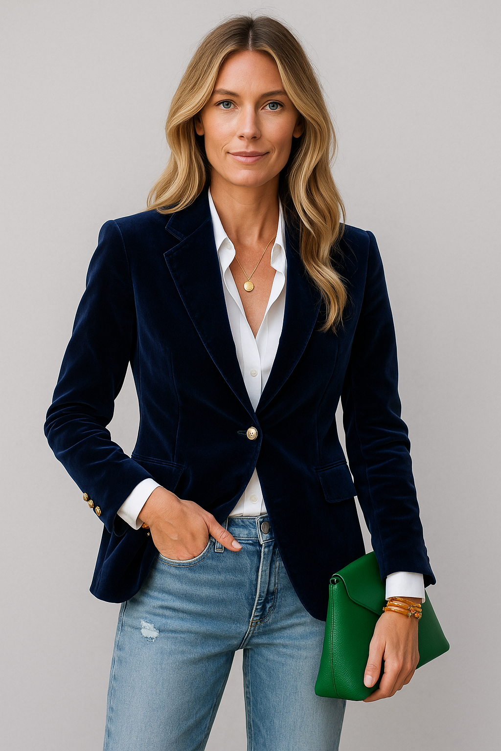 Women's Blazer Velvet Structured With Single Gold Buttons