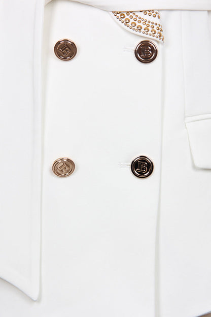 Women's Blazer White Luxe With Gold Pearl Polyester Waist Accentuating Belt