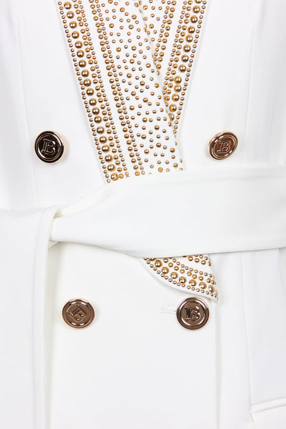 Women's Blazer White Luxe With Gold Pearl Polyester Waist Accentuating Belt