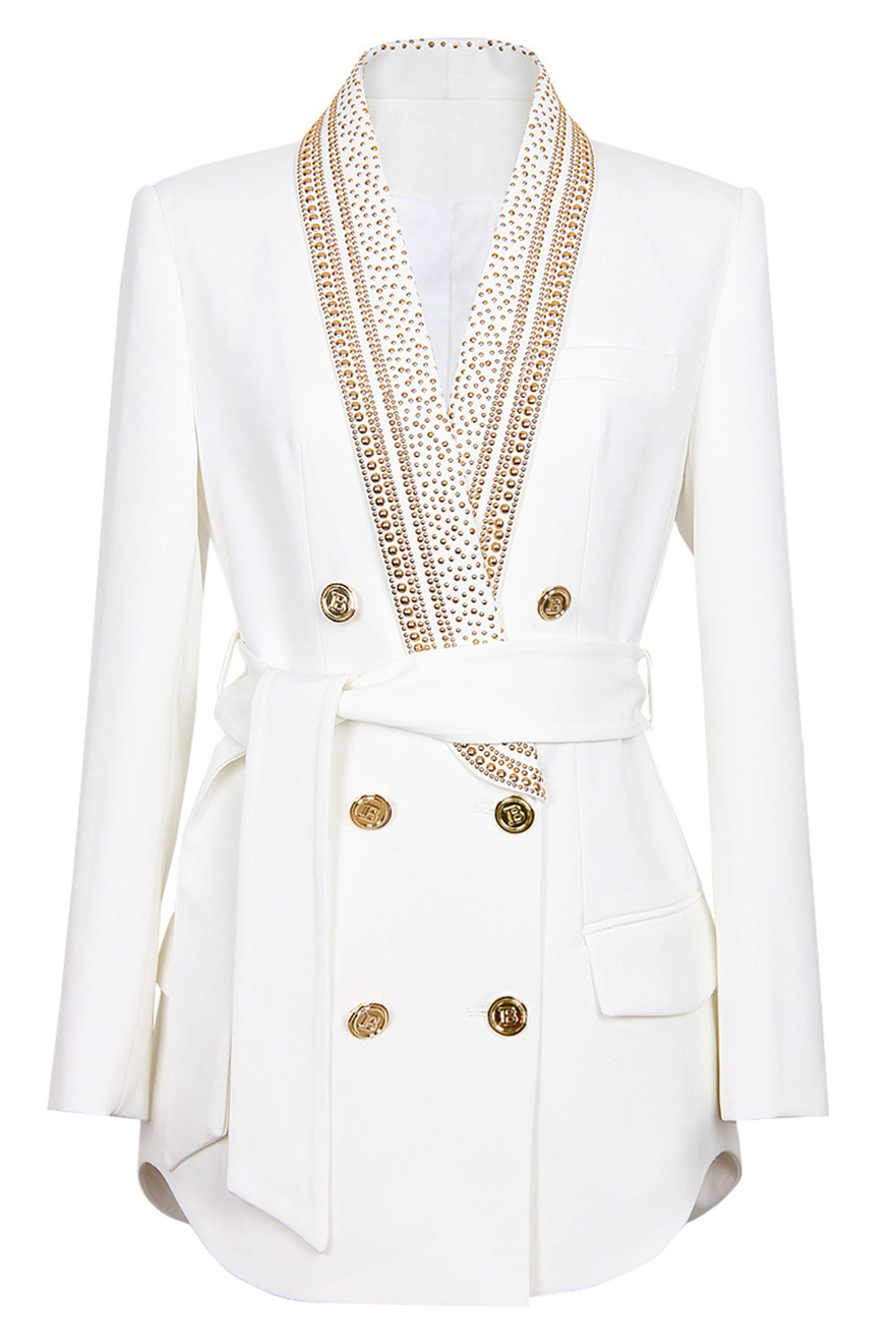 Women's Blazer White Luxe With Gold Pearl Polyester Waist Accentuating Belt