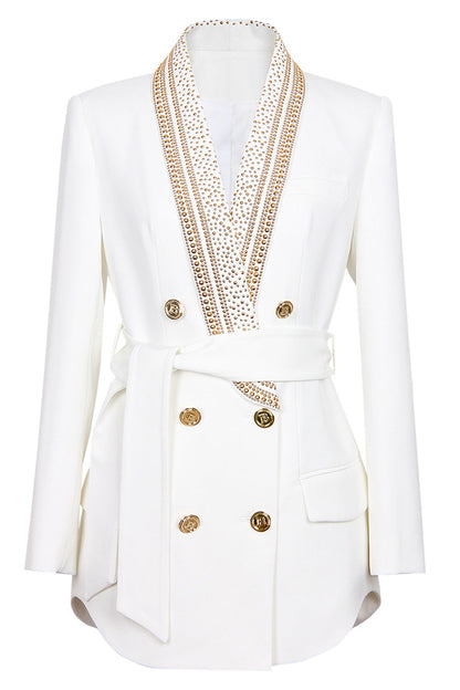 Women's Blazer White Luxe With Gold Pearl Polyester Waist Accentuating Belt