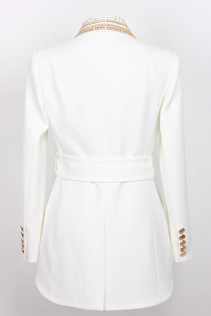 Women's Blazer White Luxe With Gold Pearl Polyester Waist Accentuating Belt