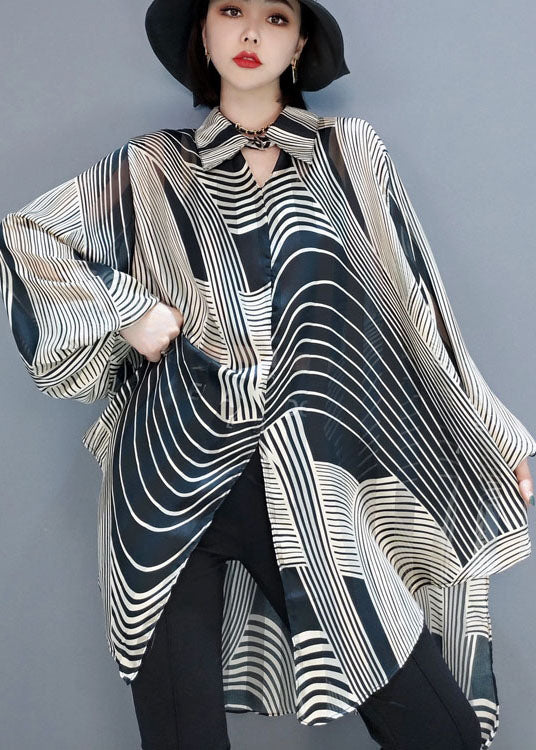 Women's Blouse Chiffon Striped Low High Cut
