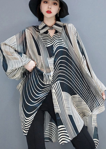 Women's Blouse Chiffon Striped Low High Cut