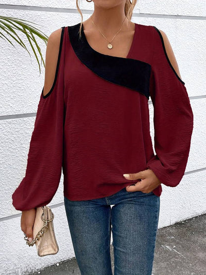 Women's Blouse Colour Block Long Sleeves Square Neckline High Quality Fabric