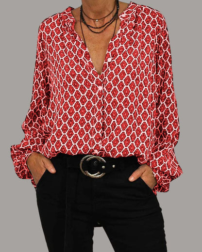 Women's Blouse V-neck Geometric Pattern Cotton Blend Informal