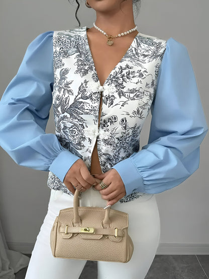 Women's Blouse V-neck Lantern Sleeves Flower Print Cotton