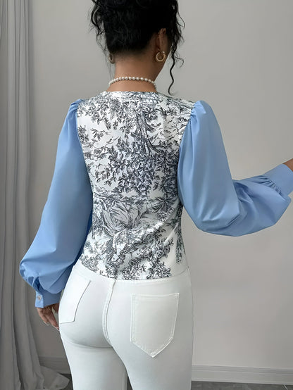 Women's Blouse V-neck Lantern Sleeves Flower Print Cotton