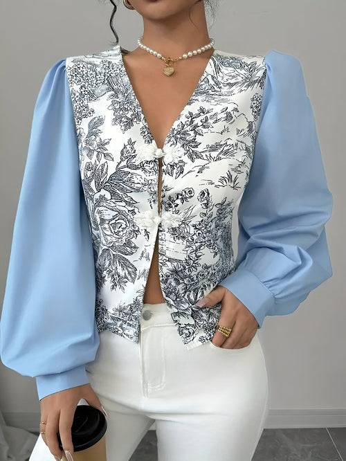 Women's Blouse V-neck Lantern Sleeves Flower Print Cotton