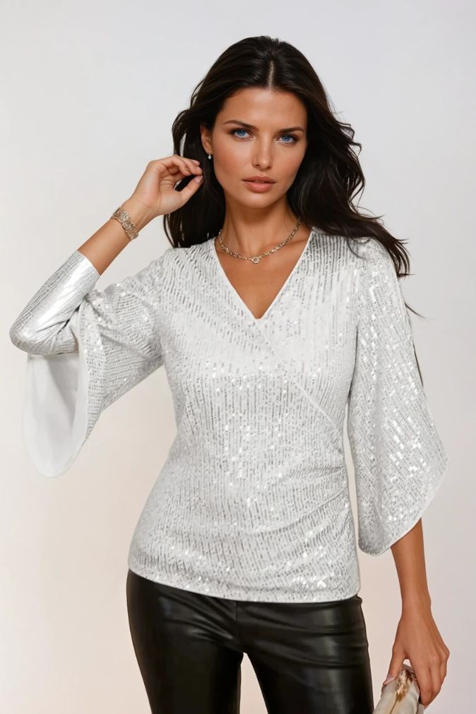 Women's Blouse With Wrap Design and Bell Sleeves