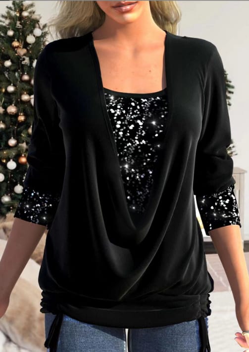 Women's Blouse with Draped Neckline and Sequins