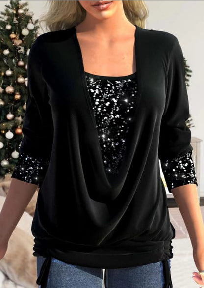 Women's Blouse with Draped Neckline and Sequins