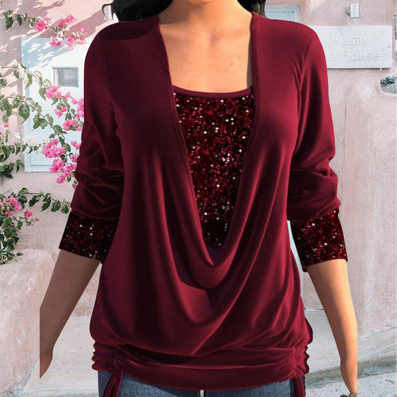 Women's Blouse with Draped Neckline and Sequins