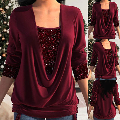 Women's Blouse with Draped Neckline and Sequins