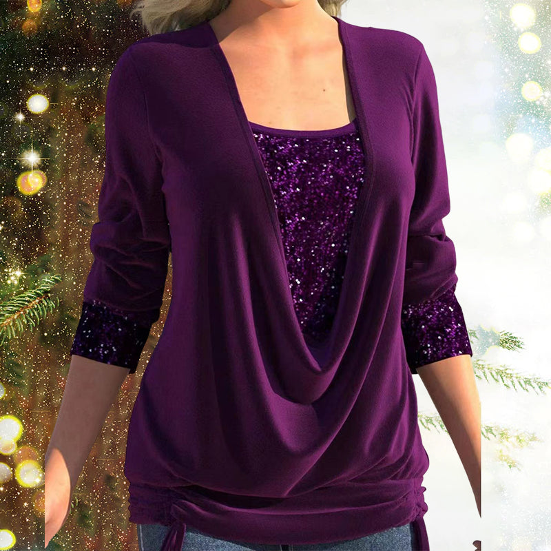 Women's Blouse with Draped Neckline and Sequins