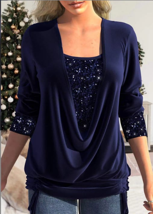 Women's Blouse with Draped Neckline and Sequins