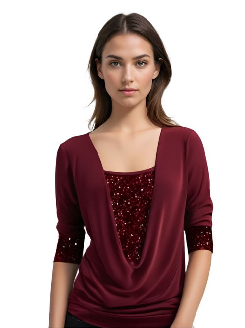 Women's Blouse with Draped Neckline and Sequins