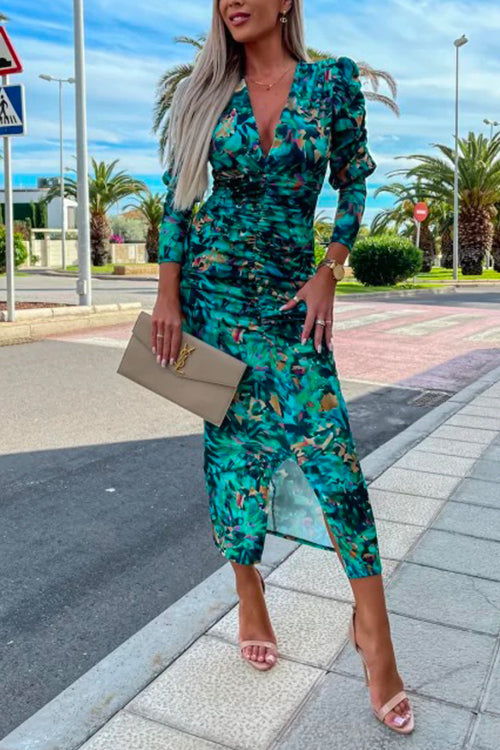 Women's Bodycon Dress with Deep V-neckline and Long Sleeves