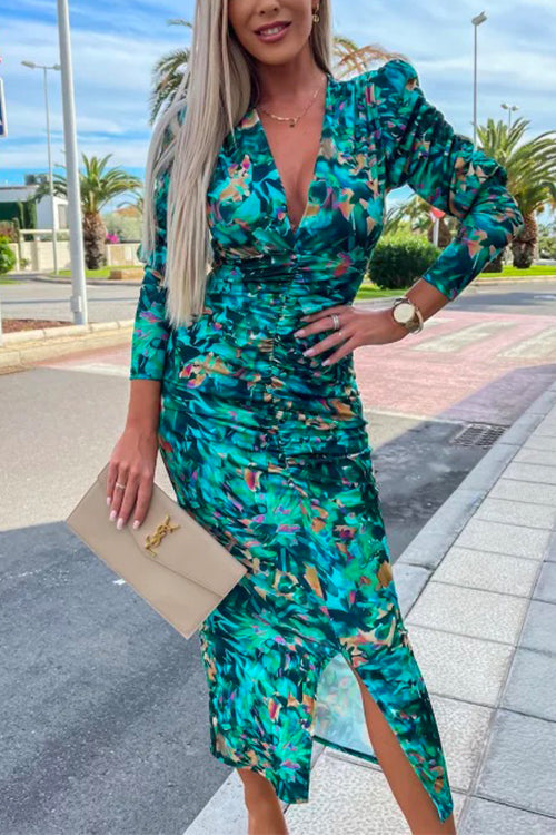 Women's Bodycon Dress with Deep V-neckline and Long Sleeves