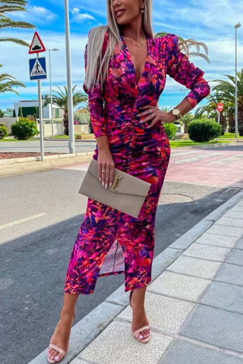 Women's Bodycon Dress with Deep V-neckline and Long Sleeves