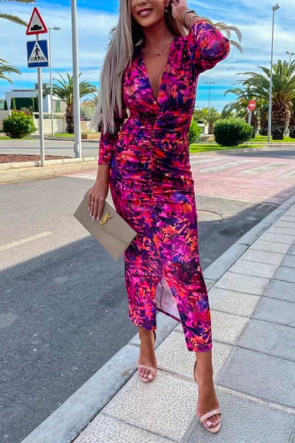 Women's Bodycon Dress with Deep V-neckline and Long Sleeves