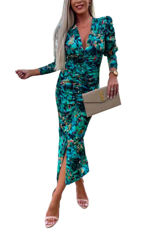 Women's Bodycon Dress with Deep V-neckline and Long Sleeves