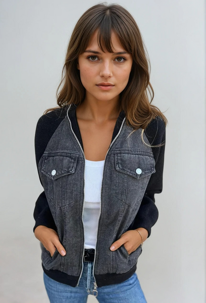 Women's Bomber Jacket Denim With Knitted Sleeves