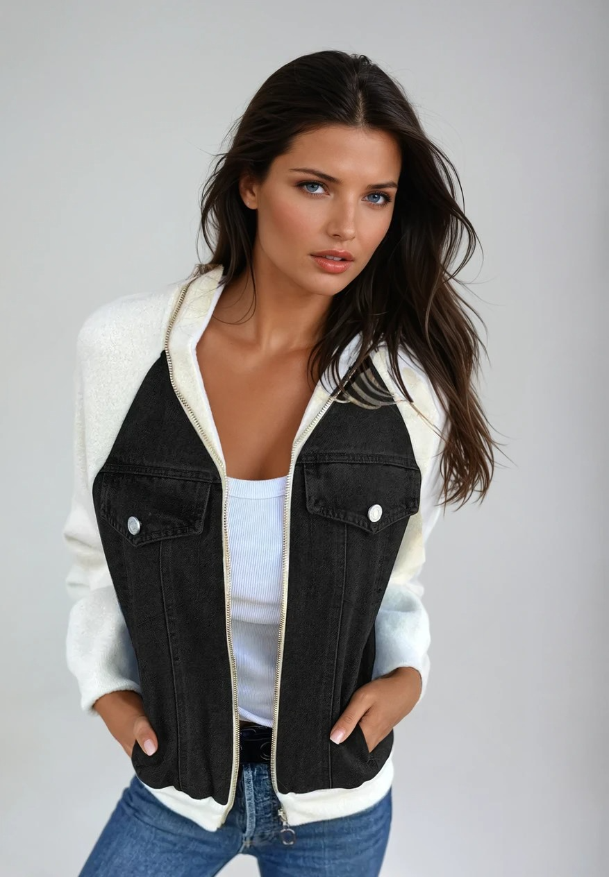 Women's Bomber Jacket Denim With Knitted Sleeves
