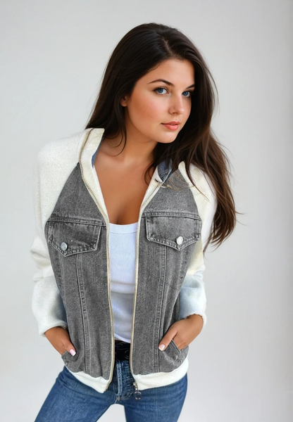 Women's Bomber Jacket Denim With Knitted Sleeves
