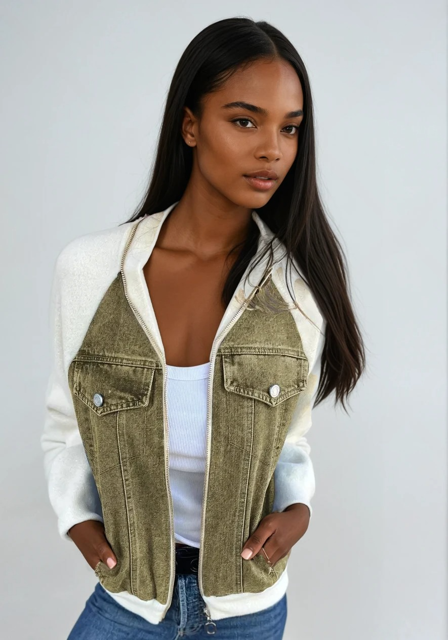 Women's Bomber Jacket Denim With Knitted Sleeves