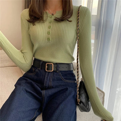 Women's Button O-neck Knitted Pullover