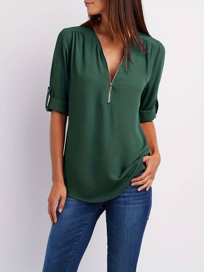 Women's Casual Blouse With Roll-Up Sleeves And Half Zipper Cotton