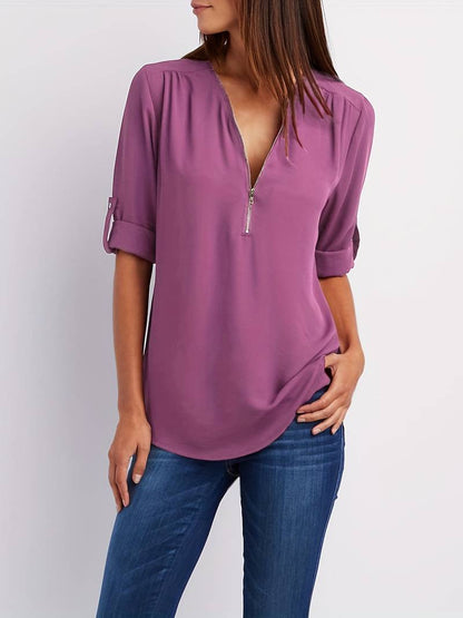 Women's Casual Blouse With Roll-Up Sleeves And Half Zipper Cotton