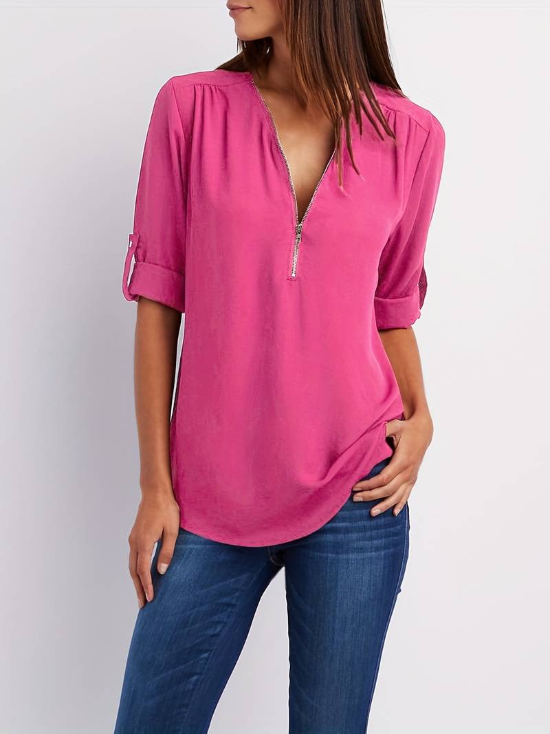 Women's Casual Blouse With Roll-Up Sleeves And Half Zipper Cotton