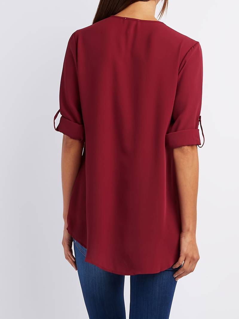 Women's Casual Blouse With Roll-Up Sleeves And Half Zipper Cotton