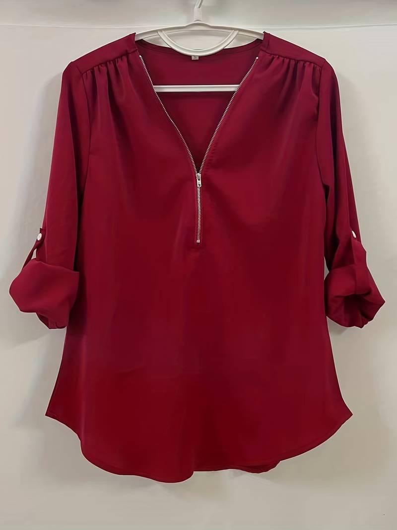 Women's Casual Blouse With Roll-Up Sleeves And Half Zipper Cotton