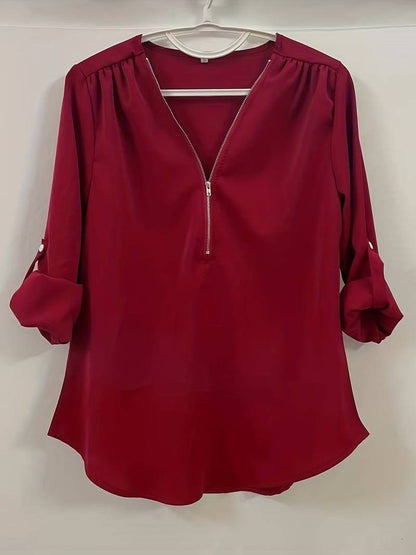 Women's Casual Blouse With Roll-Up Sleeves And Half Zipper Cotton