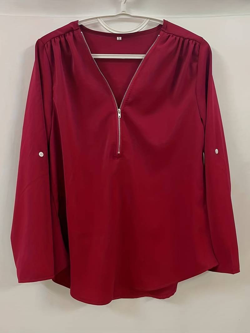 Women's Casual Blouse With Roll-Up Sleeves And Half Zipper Cotton