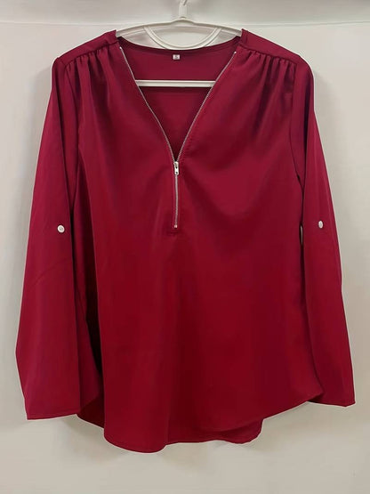 Women's Casual Blouse With Roll-Up Sleeves And Half Zipper Cotton