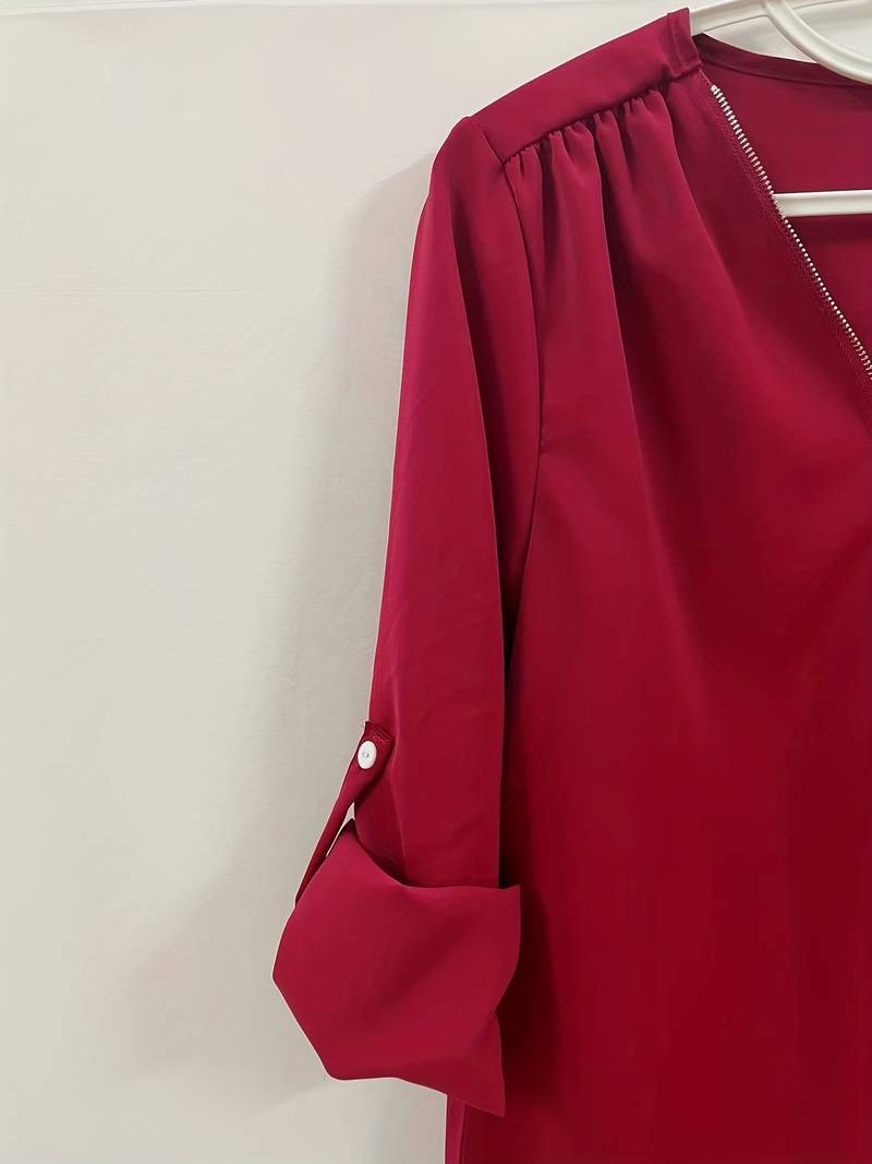 Women's Casual Blouse With Roll-Up Sleeves And Half Zipper Cotton
