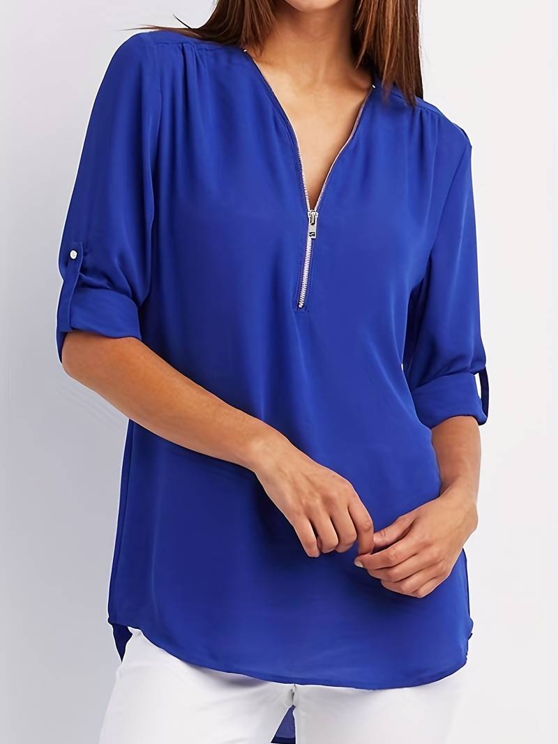 Women's Casual Blouse With Roll-Up Sleeves And Half Zipper Cotton