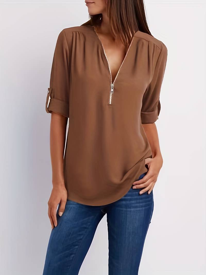 Women's Casual Blouse With Roll-Up Sleeves And Half Zipper Cotton
