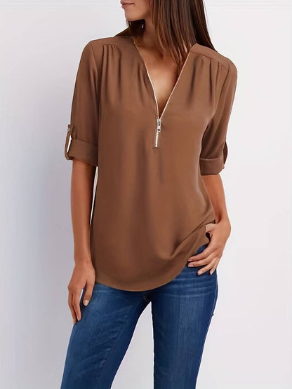 Women's Casual Blouse With Roll-Up Sleeves And Half Zipper Cotton