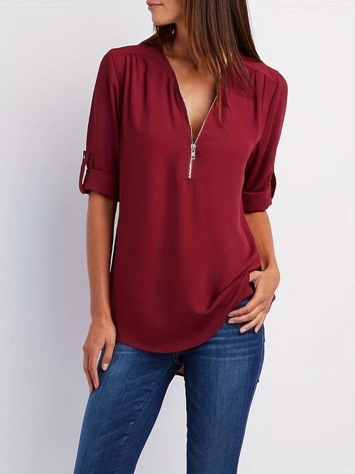 Women's Casual Blouse With Roll-Up Sleeves And Half Zipper Cotton