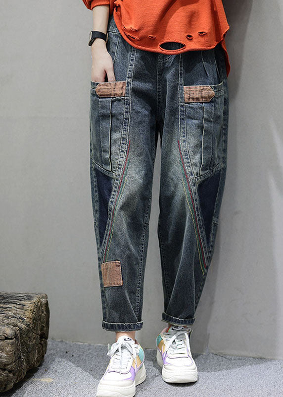 Women's Casual Denim Trousers with Pockets and Patchwork