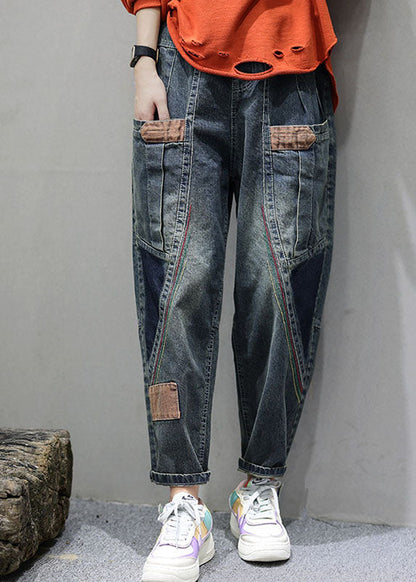 Women's Casual Denim Trousers with Pockets and Patchwork