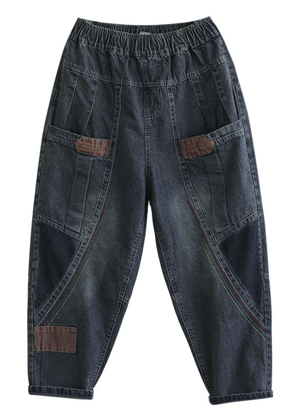 Women's Casual Denim Trousers with Pockets and Patchwork