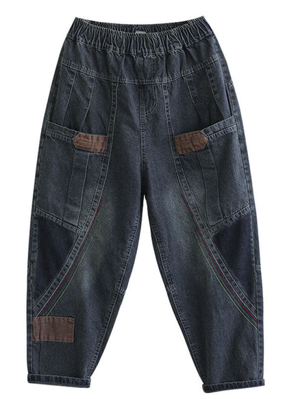 Women's Casual Denim Trousers with Pockets and Patchwork