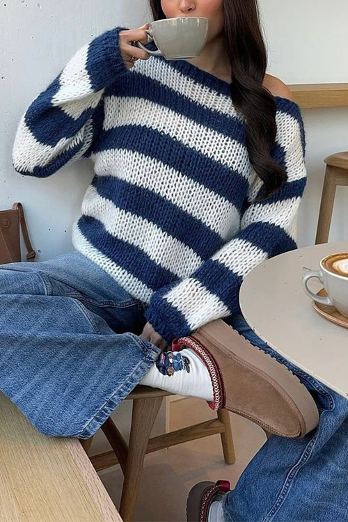 Women's Casual Sweater with Lowered Shoulders and Stripes