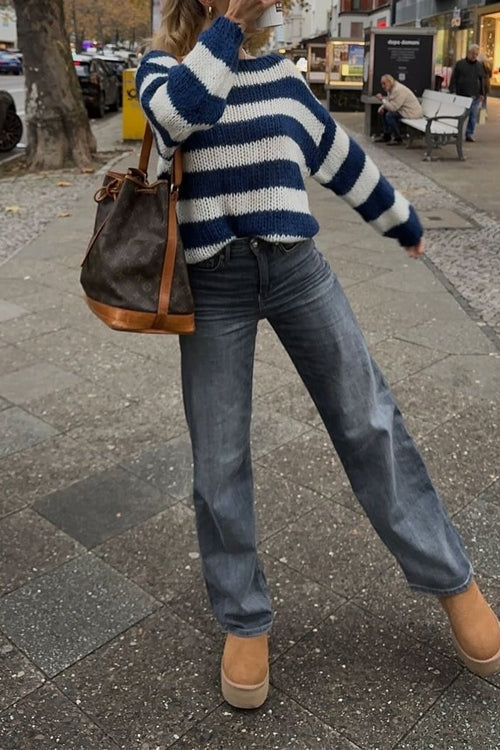 Women's Casual Sweater with Lowered Shoulders and Stripes